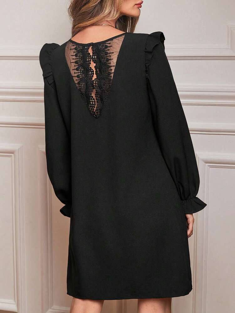 V-Neck Lace Patchwork Dress With Ruffled Sleeves