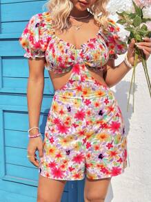 Soleia 女士花卉印花露肩泡泡袖連體短褲 - 彩色 - 查看 3