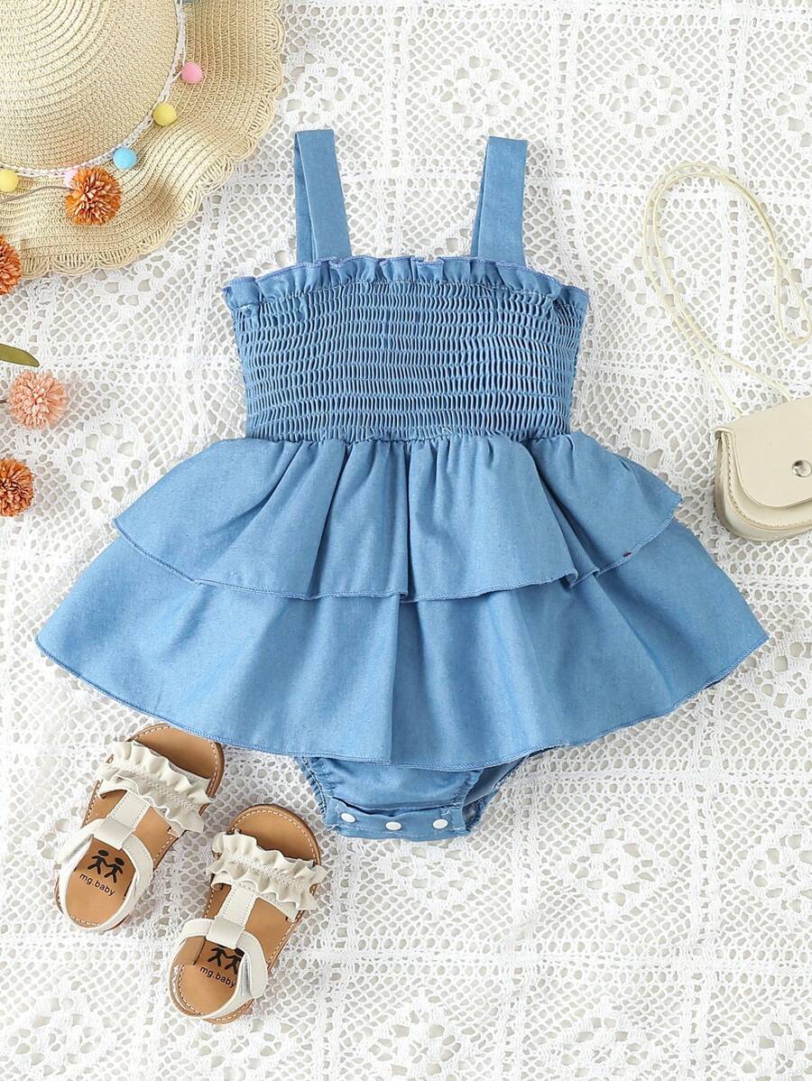 SHEIN 兒童女孩休閒復古優雅純色連身衣,適合 - 藍色 - 查看 1