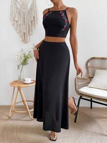 Breezaya Của phụ nữ Thực vật Thêu Dây Áo vest Và Váy Bộ - màu đen - Xem 4