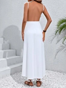 Swim Vcay Summer Beach Women's Fringed Wrap Backless Kimono Blouse