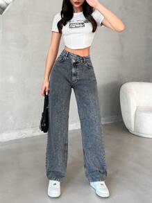 EURMUSE Ladies' Asymmetrical Waist Denim Jeans - Grey - View 1
