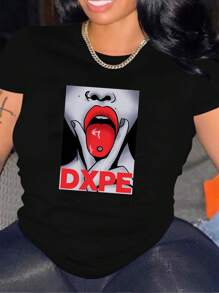 SHEIN Essnce Women's Lip & Letter Pattern T-Shirt - Black - View 1