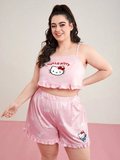 HELLO KITTY AND FRIENDS | SHEIN 女士加大碼卡通印花荷葉邊睡衣套裝,帶蕾絲飾邊