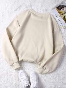 SHEIN LUNE 女士信件與熊印花圓領衛衣 - 米色 - 查看 2