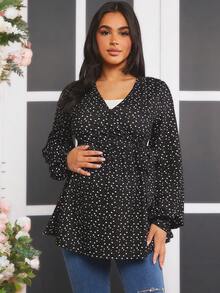 SHEIN Maternity Nursing Wrap-Around Shirt With Heart Print And Tie Belt - Black - View 3