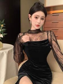 Của phụ nữ Đứng cổ áo Ren Áo & Nhung Dây đeo Mì Ý  Đầm Với Cái nĩa cao Hem Bộ - màu đen - Xem 7