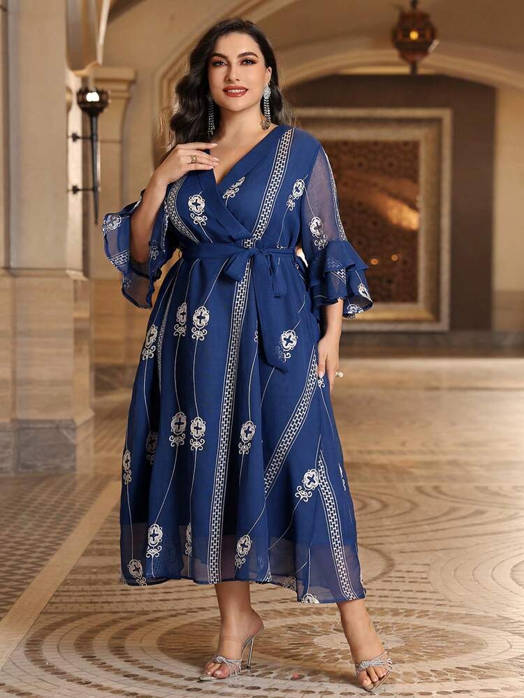 Plus Size Embroidered Flare Sleeve Wrap Belted Dress Kaftan Jalabiya Dress