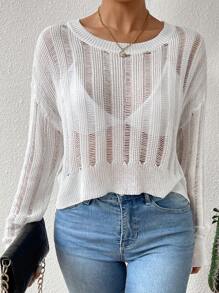 Chiquease Solid Color Hollow Out Knitted Round Neck Sweater With Drop Shoulder