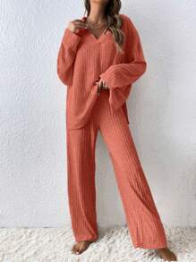 SHEIN Frenchy 女式尖領落肩長袖t恤和褲子套裝 - 橘色 - 查看 5