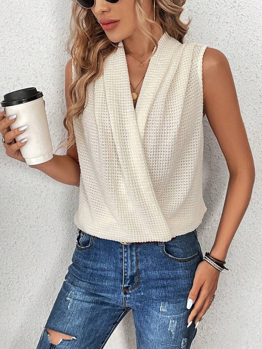 SHEIN LUNE Waffle đan chồng lên nhau & thiết kế xếp li Áo ba lỗ giản dị & thanh lịch cho mùa hè dành cho nữ - Màu be - Xem 1