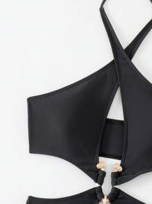 Swim SXY Solid Color Halter One-Piece Swimsuit With Hollow Out Detail Music Festival Summer - Black - View 5