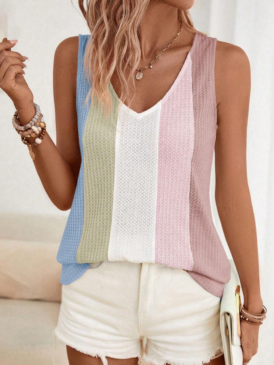 SHEIN LUNE Ladies' Colorblock V-Neck Tank Top For Summer - Multicolor - View 1