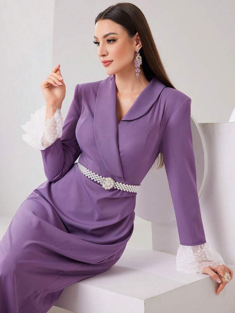 Women'S Lace Patchwork Pleated Arabic Dress Long Evening Dresses