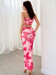 Aloruh Valentine's Day Women's Full Butterfly Print Bandeau Top & Fishtail Skirt Set, Suitable For Holidays & Dates