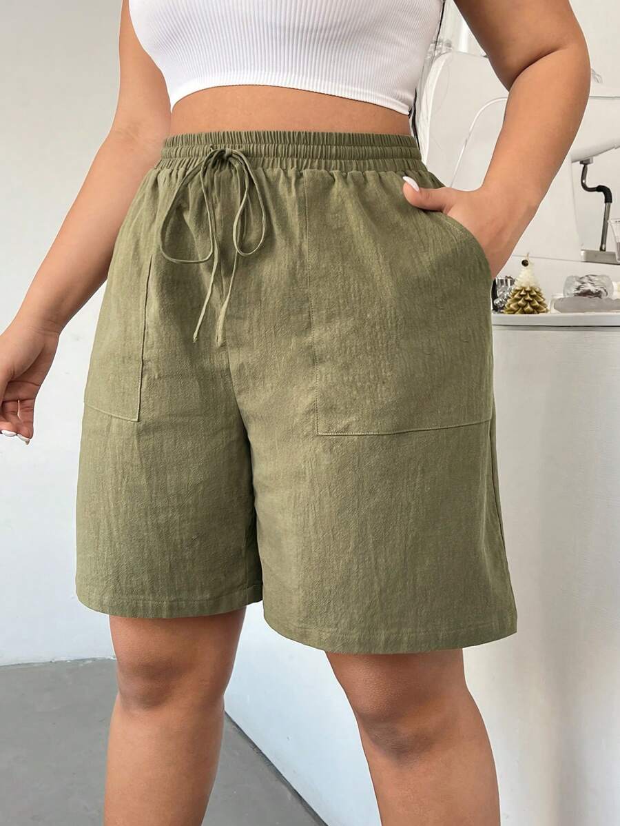 SHEIN EZwear Của phụ nữ Kích thước lớn Eo dây rút Màu thuần Quần short Với Nghiêng Túi - xanh quân đội - Xem 1