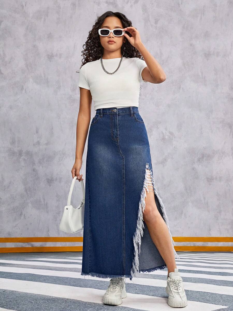 Casual Teenage Girls' Side Slit Denim Skirt With Raw Hem - Blue - View 1