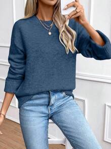 SHEIN Essnce Ladies' Solid Color Drop Shoulder Sweater - Navy Blue - View 5
