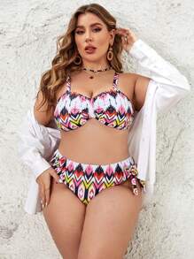 SHEIN Swim Curve 女性大尺碼幾何印花泳裝二件套,狂歡節必備 - 彩色 - 查看 5