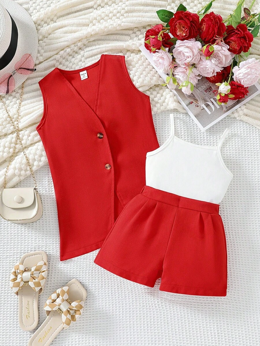 SHEIN 女童新款時尚無袖V領背心裝套裝，包含背心和彈性腰短褲 - 紅色 - 查看 1
