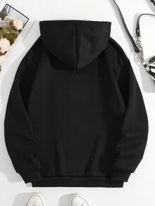 SHEIN EZwear 女款標語印花抽繩連帽衫 - 黑色 - 查看 2