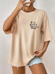SHEIN Essnce Floral Letter Print Drop Shoulder T-Shirt Graphic Tees Women Tops - Apricot - View 2