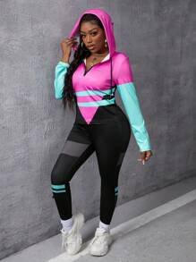 Slaydiva Bộ áo thun dài tay có mũ trùm đầu phối màu và quần legging phối màu dành cho nữ - Nhiều màu - Xem 4