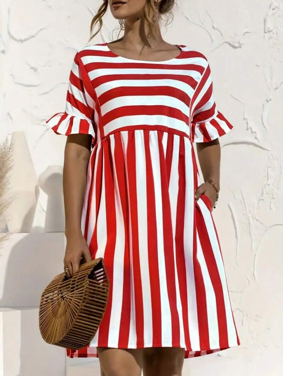 Women's Striped Peter Pan Collar Dress - Red - View 1