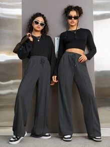 SHEIN Leap Crew 青少年女孩鬆身運動褲,帶斜口袋,純色 - 灰色 - 查看 4