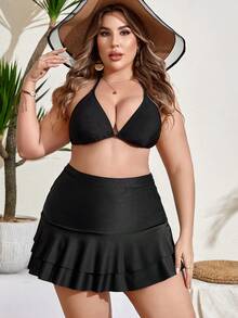 SHEIN Swim Curve 大尺碼純色高腰荷葉邊泳裝下褲 - 黑色 - 查看 3