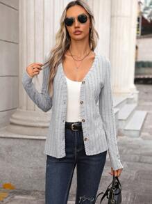 SHEIN LUNE Women's Solid Color Ribbed Button Down T-Shirt - Grey - View 3