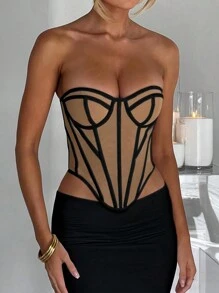 女士时尚性感撞色滚边抹胸露脐上衣黑色夏季 - 黑色 - 查看 5