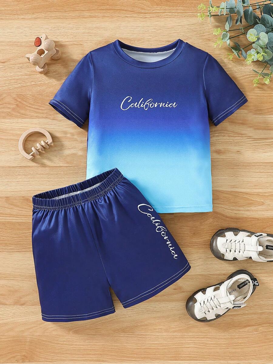 SHEIN Bộ áo thun tay ngắn in chữ gradient đơn giản cho bé trai và quần short - Màu xanh hải quân - Xem 1