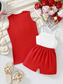 SHEIN 女童新款時尚無袖V領背心裝套裝，包含背心和彈性腰短褲 - 紅色 - 查看 2