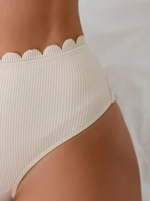 SHEIN Swim 夏季沙灘海貝邊緣細節純色比基尼套裝婚禮 - 米色 - 查看 3