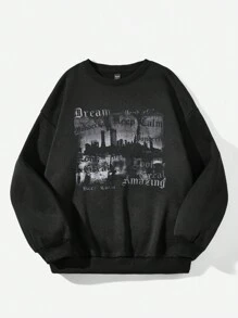 SHEIN EZwear Plus Letter Graphic Drop Shoulder Sweatshirt - Black - View 4