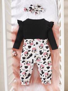 Baby Girl's 2 In 1 Cap Sleeve Jumpsuit With Big Bowknot And Cow Print - Black - View 2