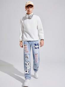 SHEIN Gestickte Buchstaben Jeans Mit Geradem Schnitt Und Samt-futter Für Männer Und Teenager