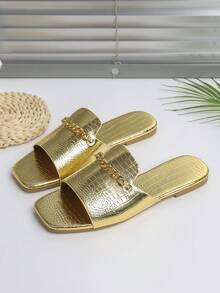 戶外女士新款春夏扁平涼鞋,帶金屬鏈、鱷魚紋和厚底,包括金色扁平涼鞋 - 金色 - 查看 2