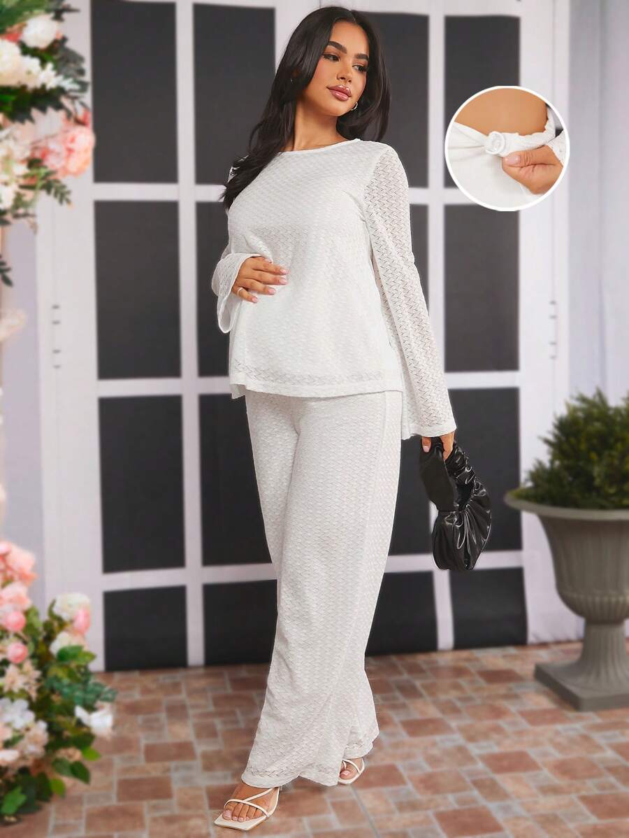 SHEIN 孕妇纯色宽松圆领休闲套装 - 白色 - 查看 1