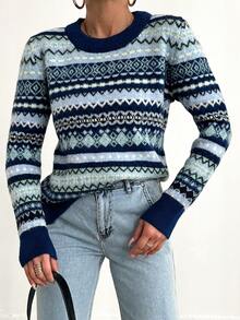 EURMUSE Women'S Geometric Pattern Long Sleeve Sweater - Blue - View 5