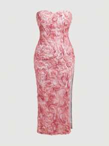 SHEIN Privé Elegante vestido con impresión de flores 3D y tamaño grande para mujer con escote sin tirantes y abertura lateral - Morado - Ver 7