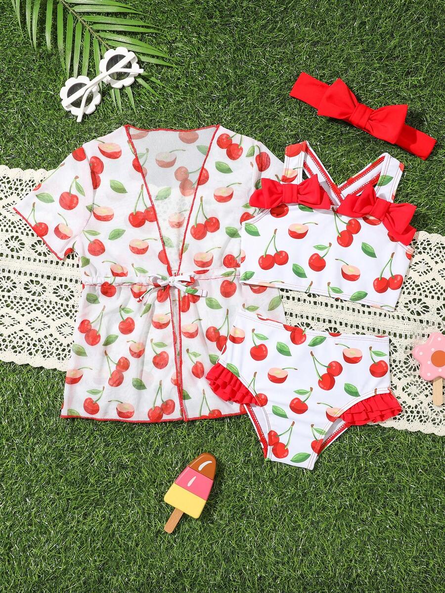 寶寶女孩夏季沙灘櫻桃印花荷葉邊泳衣套裝，配實色蝴蝶結頭帶和短袖遮陽罩，4件裝 - 彩色 - 查看 1