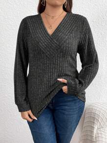 SHEIN LUNE 寬鬆版型女款大尺碼v領休閒t恤 - 深灰色 - 查看 5