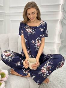 女款時尚短袖睡衣搭配花卉印花長褲 - 藏蓝色 - 查看 5
