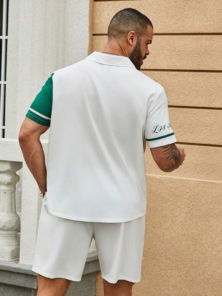 Men Plus Dragon & Stripe Printed Short Sleeve Shirt And Shorts Set