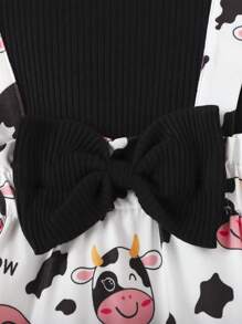 Baby Girl's 2 In 1 Cap Sleeve Jumpsuit With Big Bowknot And Cow Print - Black - View 7