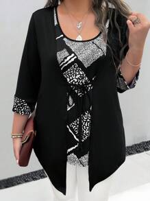 EMERY ROSE 大码女式休闲拼接印花宽松长袖T恤，秋季图案T恤，春季女式上衣 - 彩色 - 查看 7