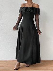 Chiquease 不对称露肩优雅网眼连衣裙，配有收腰细节，超长女士服装 - 黑色 - 查看 4