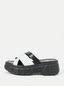 SheIn SXY Women's Black And White Fashionable Round-toe Flat Slippers